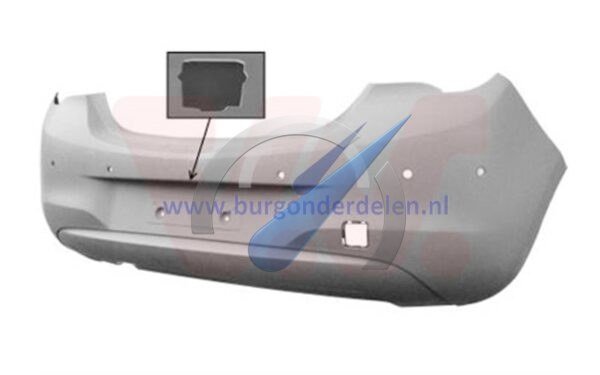 Corsa E Achterbumper in primer met gat voor camera en 6 PDC met sensor steun en dode hoek detectie